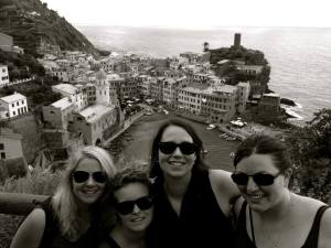 Exploring Cinque Terre. Vernazza in the background with Kirsten, Sarah and Ally. Italy, August, 2014. 